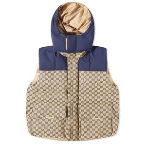Gucci, GG Supreme canvas down vest in beige and navy size 62.
4XL